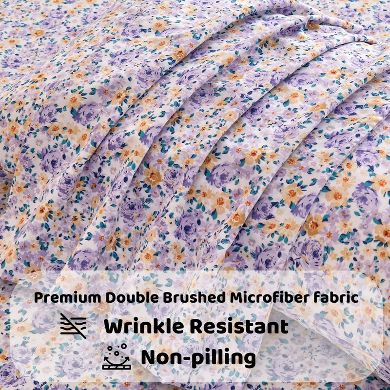 Mooreeke Floral King Bed Sheets, Soft Microfiber Vintage Printed Bedding Sheets & Pillowcases, Deep Pocket Non-Slip Fitted King Sheet, Purple Yellow Flower Pattern Bedsheets - Image 5