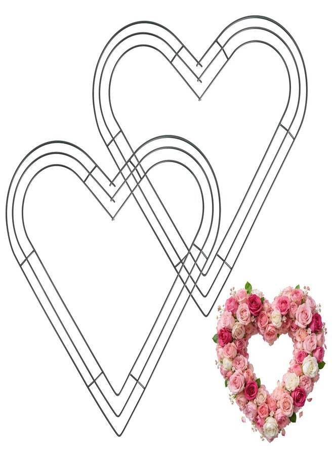 Linsuminn 14 Inch Heart Wreath Frame, 2 Pack Heart Wire Wreath Form, Dark Green Heart Shaped Metal Wreaths Rings for Valentine's Day, Wedding, Anniverasy, Front Door Home Outdoor Decorations DIY Crafts Supplies - Image 1