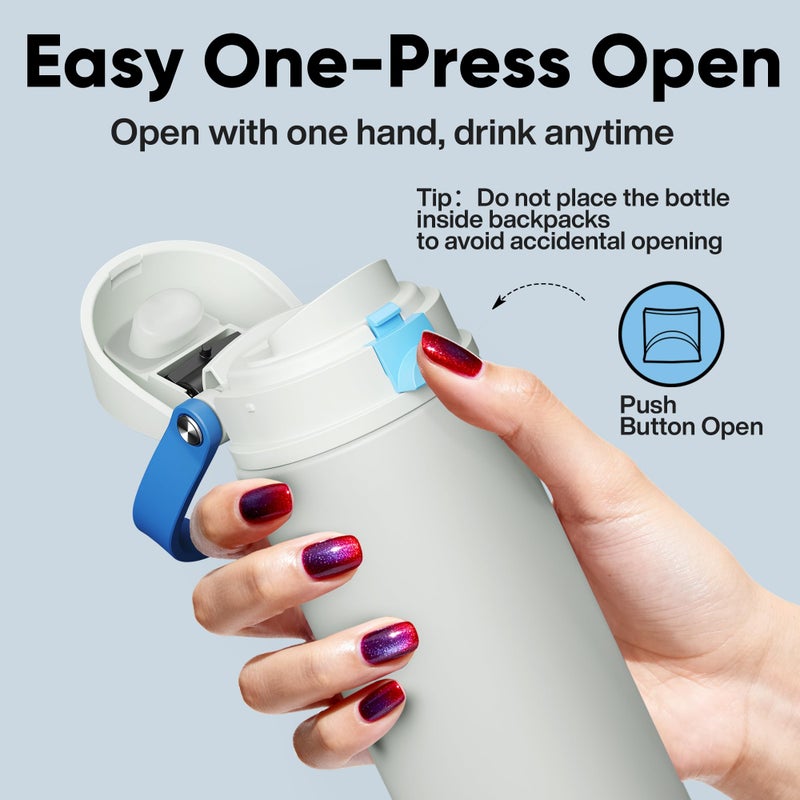 ENCOOL Insulated Water Bottle with Straw - Encool Stainless Steel Water Bottle with Push Button Lid, Leak-Proof & BPA-Free, Keeps Cold for 24 Hours for Sports, Travel, Gym (24 oz, Quill Grey-Blue) - Image 5