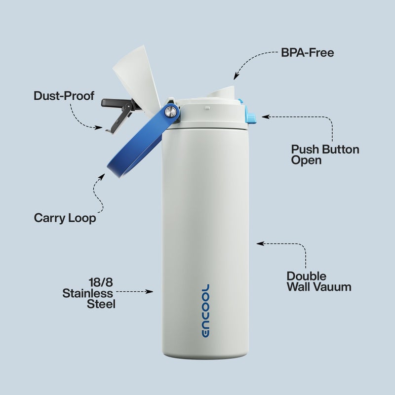 ENCOOL Insulated Water Bottle with Straw - Encool Stainless Steel Water Bottle with Push Button Lid, Leak-Proof & BPA-Free, Keeps Cold for 24 Hours for Sports, Travel, Gym (24 oz, Quill Grey-Blue) - Image 4