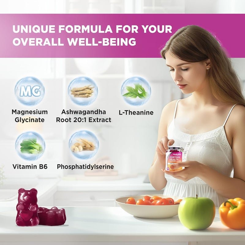 Hollegend مكملات الكورتيزول للنساء والرجال حلوى الكورتيزول مع أشواغاندا والمغنيسيوم و L-ثيانين والفوسفاتيديل سيرين B6 لتنظيف الكورتيزول والاسترخاء والنوم والتركيز خالية من السكر ونباتية 60 - Image 3