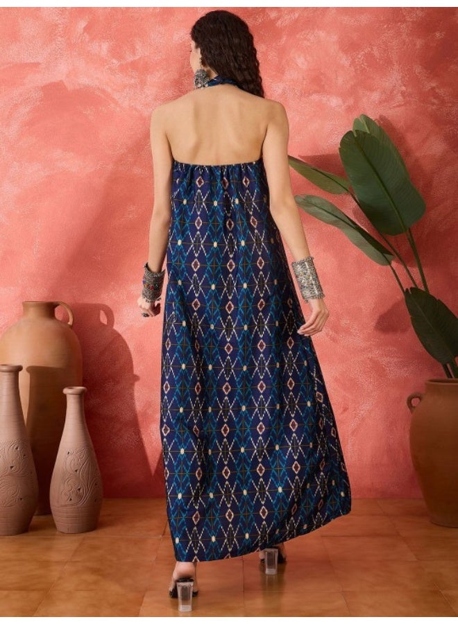 AKS Navy Blue Gold Printed A-Line Maxi  - Image 4
