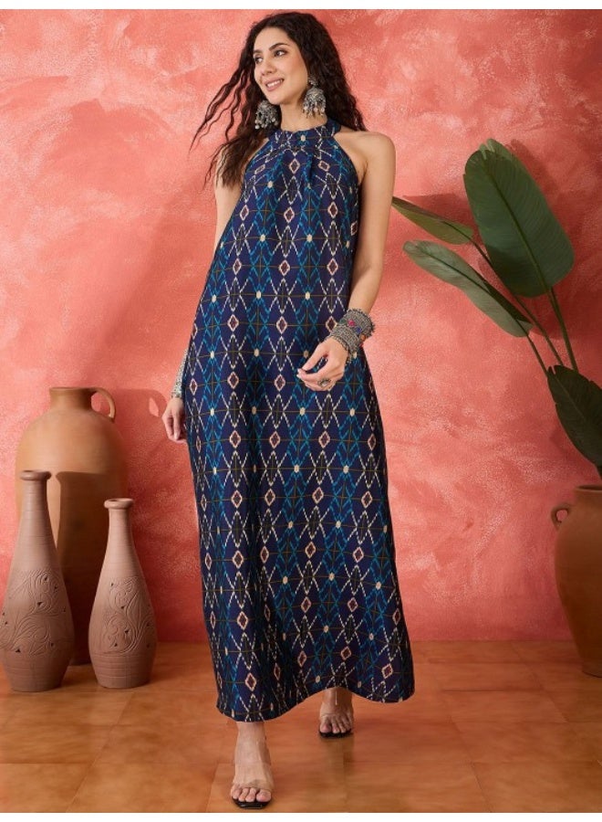AKS Navy Blue Gold Printed A-Line Maxi  - Image 1