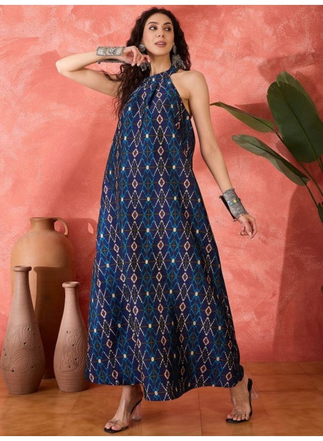 AKS Navy Blue Gold Printed A-Line Maxi  - Image 3