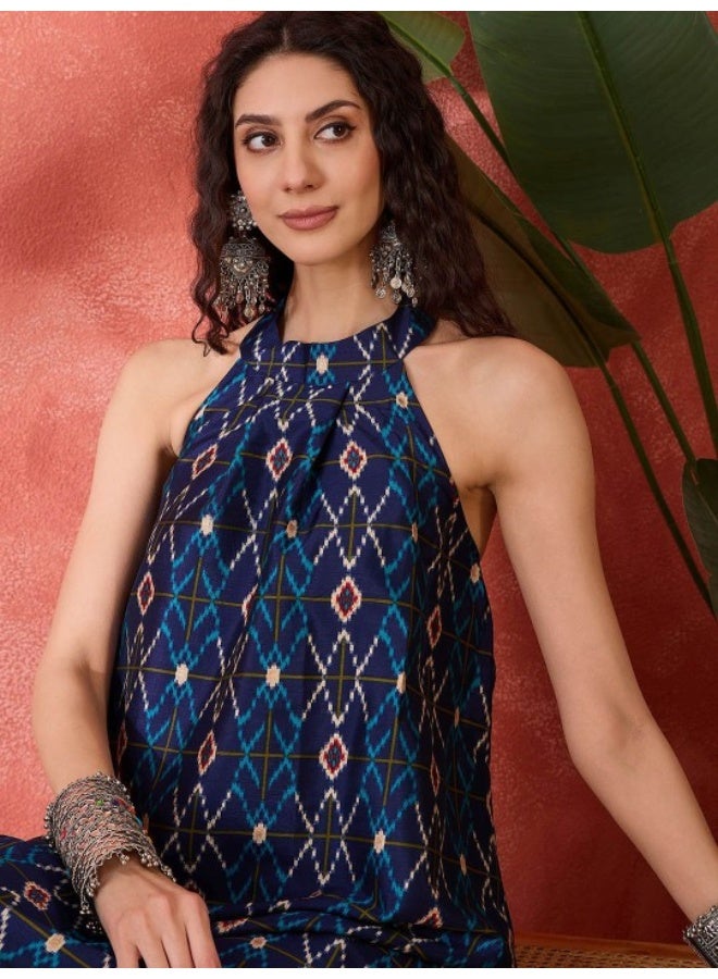 AKS Navy Blue Gold Printed A-Line Maxi  - Image 2