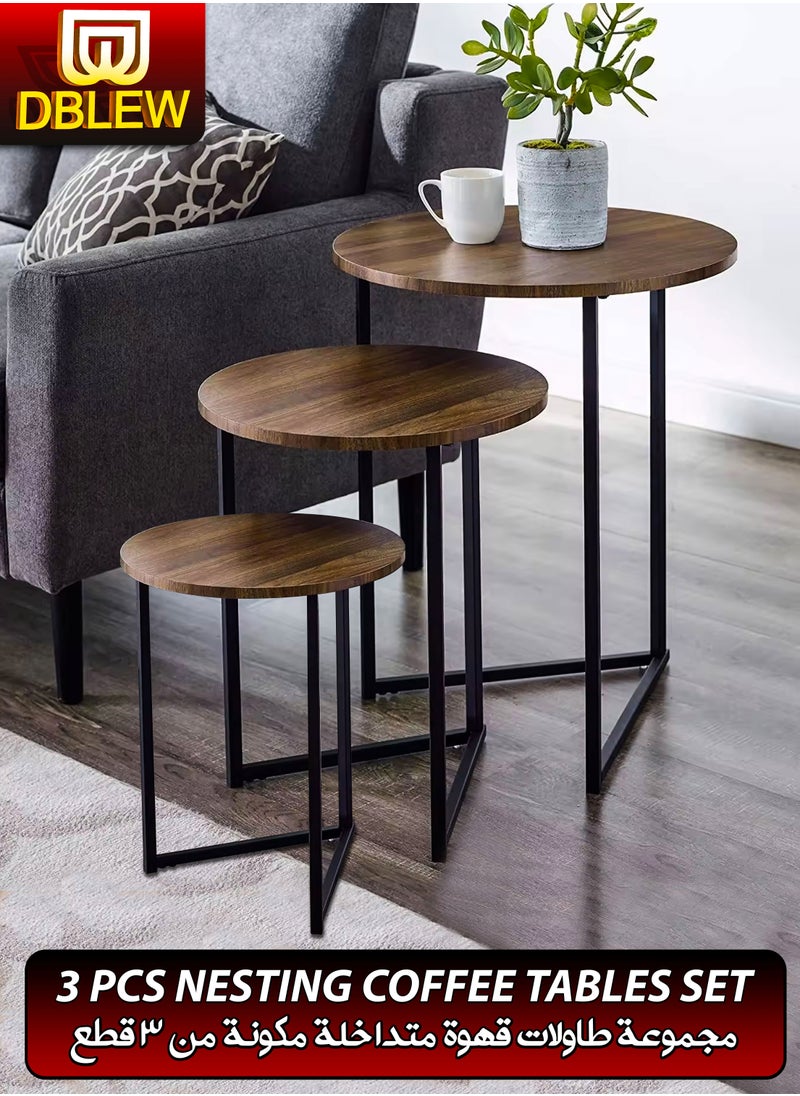 DBLEW - 3 Pieces Round Nesting Side Table Set Minimalist Coffee Tables Wood Top Accent Tables Industrial End Tables For Home Office Living Room Hall And Small Spaces Sofa Centre Teapoy Table Dark Walnut - Image 1