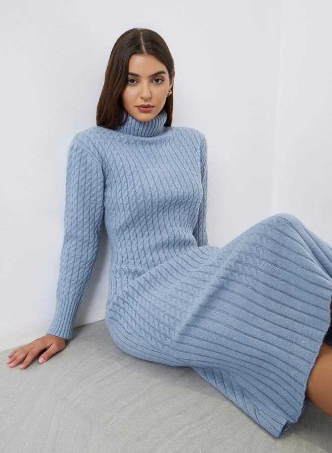 Styli Blue Ribbed Sweater Midi Dress