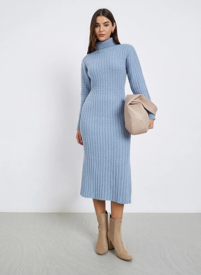 Styli Blue Ribbed Sweater Midi Dress