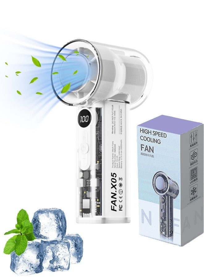 Aijmil مروحة يدوية، مروحة توربو مع تبريد ثلجي، مروحة صغيرة، مروحة محمولة، 100 سرعة قابلة للتعديل، بطارية 3000 مللي أمبير/ساعة، مروحة مكياج صغيرة قابلة لإعادة الشحن، للتخييم/السفر، لون أبيض - Image 1
