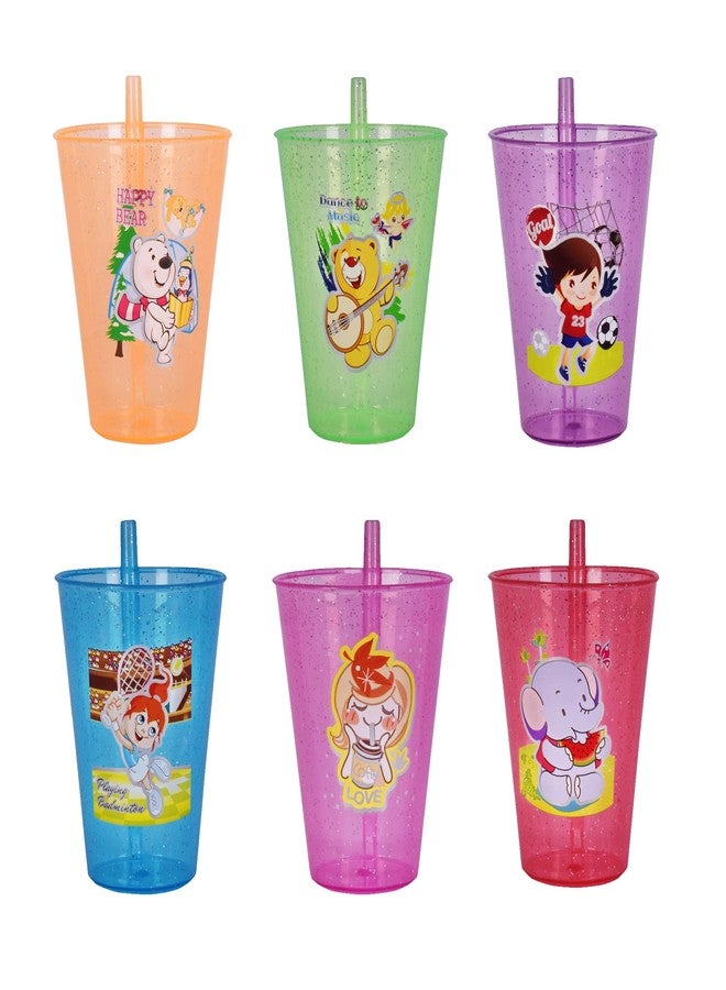faas Cartoon Water Glass/Glitter Sipper Glass Tumbler/Sipper with Straw for Kids/Children, Multicolor 250 ml Sipper (Multicolor) (6) - Image 1