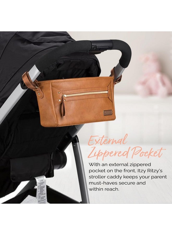 Itzy Ritzy Adjustable Stroller Caddy/Organizer - Stroller Organizer Bag Featuring Front Zippered Pocket, 2 Built-in Interior Pockets & Adjustable Straps to Fit Nearly Any Stroller (Cognac) - Image 4
