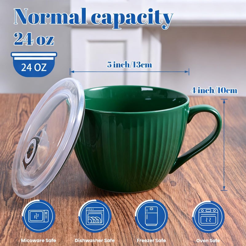 Hoilse Ceramic Soup Mug with Lid, 24oz Large Soup Cup with Handle, Microwave Soup Bowl for Breakfast Cereal, Oatmeal, Overnight Oats, Coffee, Salad, Dishwasher Safe,Housewarming Wedding Gift ,1PC (Green) - Image 2