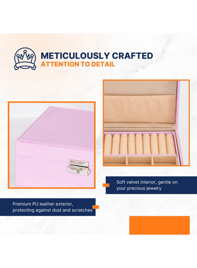 AC&L AC&L Jewelry Organizer Box For Girls And Women, PU Leather 2 Layer Jewellery Storage Box Case For Earing, Necklace, Bracelet, Rings And Accessories (Pink)  - Image 4