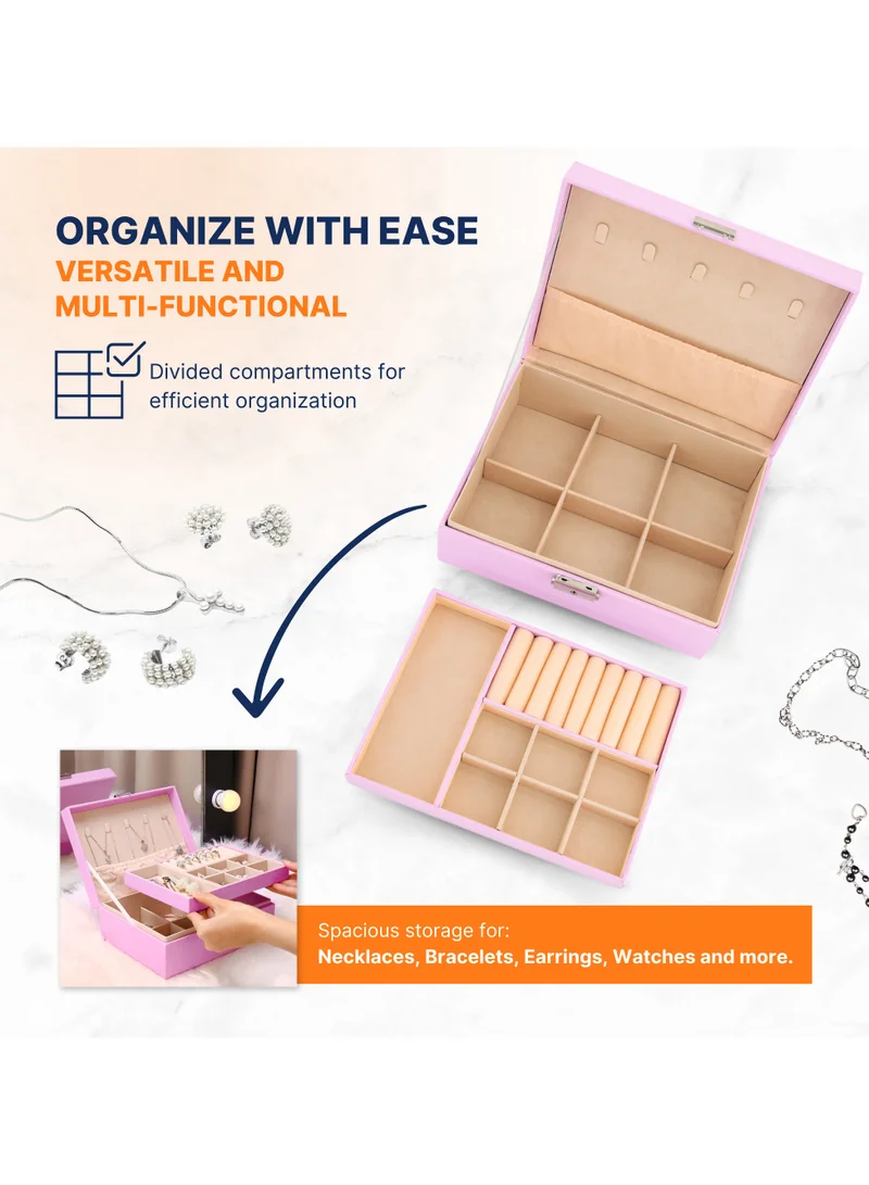 AC&L AC&L Jewelry Organizer Box For Girls And Women, PU Leather 2 Layer Jewellery Storage Box Case For Earing, Necklace, Bracelet, Rings And Accessories (Pink)