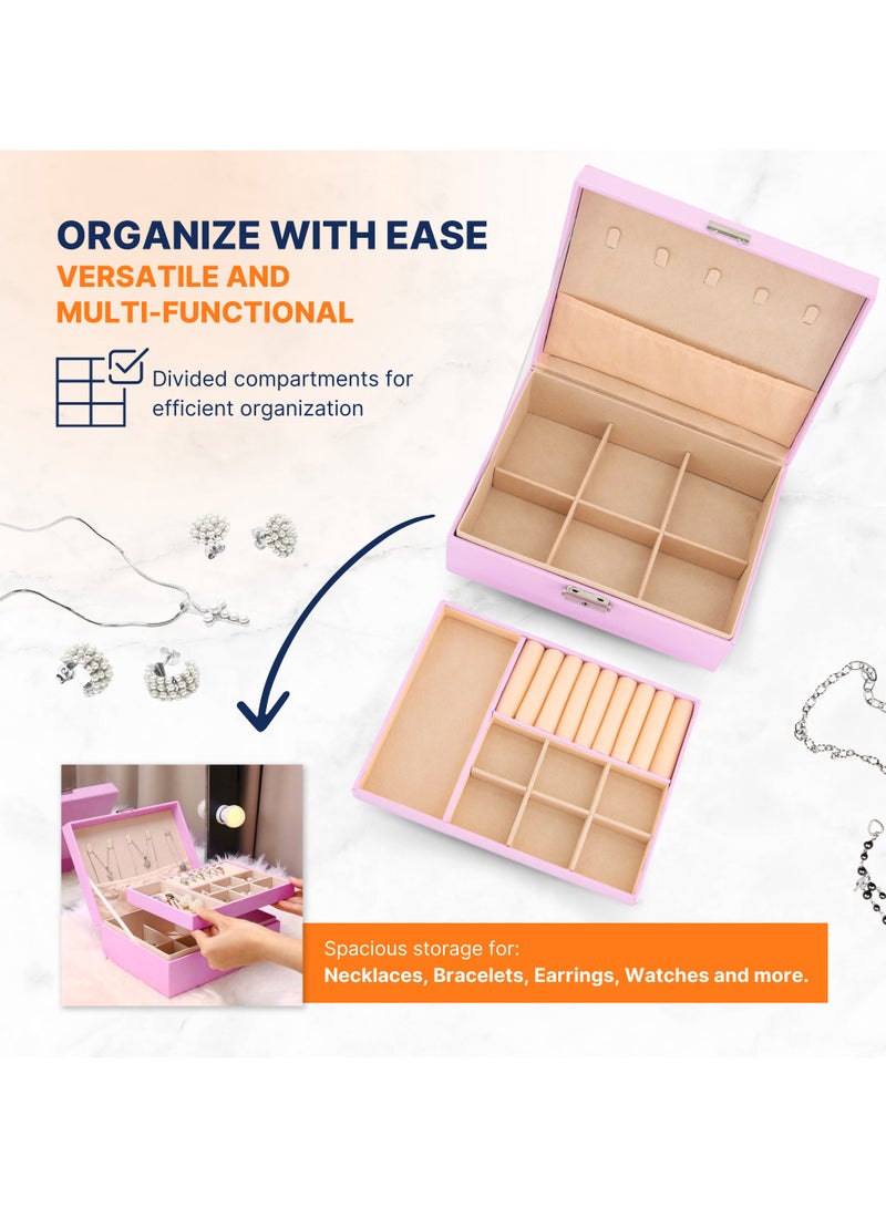 AC&L AC&L Jewelry Organizer Box For Girls And Women, PU Leather 2 Layer Jewellery Storage Box Case For Earing, Necklace, Bracelet, Rings And Accessories (Pink)  - Image 5