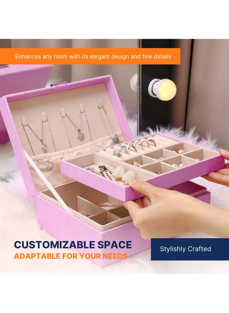 AC&L AC&L Jewelry Organizer Box For Girls And Women, PU Leather 2 Layer Jewellery Storage Box Case For Earing, Necklace, Bracelet, Rings And Accessories (Pink)