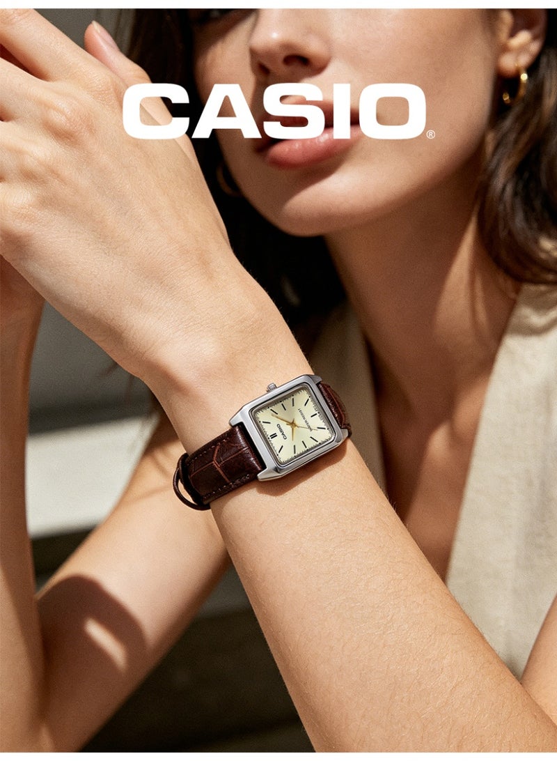 CASIO Women's Vintage Square Analog Watch, Chrome Plated Case, Cream Beige Dial, Dark Brown Croc Leather Strap, 3ATM Water Resistant LTP-V007L-9E - Image 3
