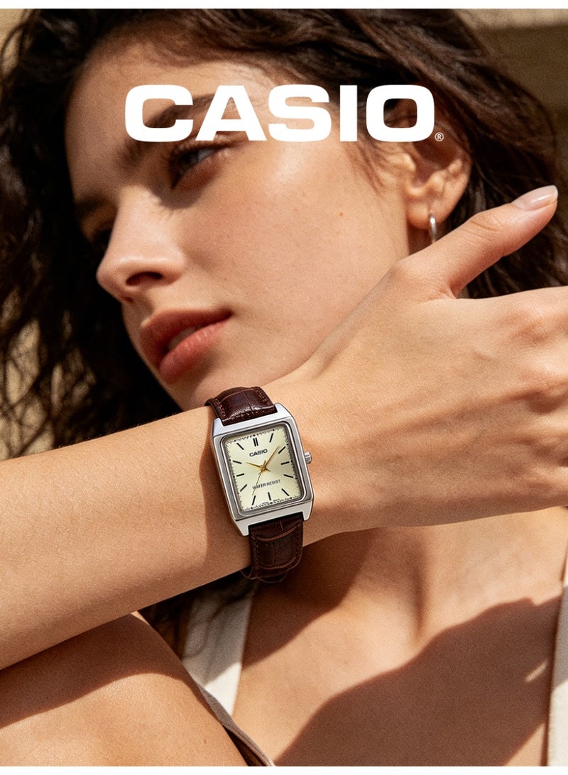 CASIO Women's Vintage Square Analog Watch, Chrome Plated Case, Cream Beige Dial, Dark Brown Croc Leather Strap, 3ATM Water Resistant LTP-V007L-9E - Image 4