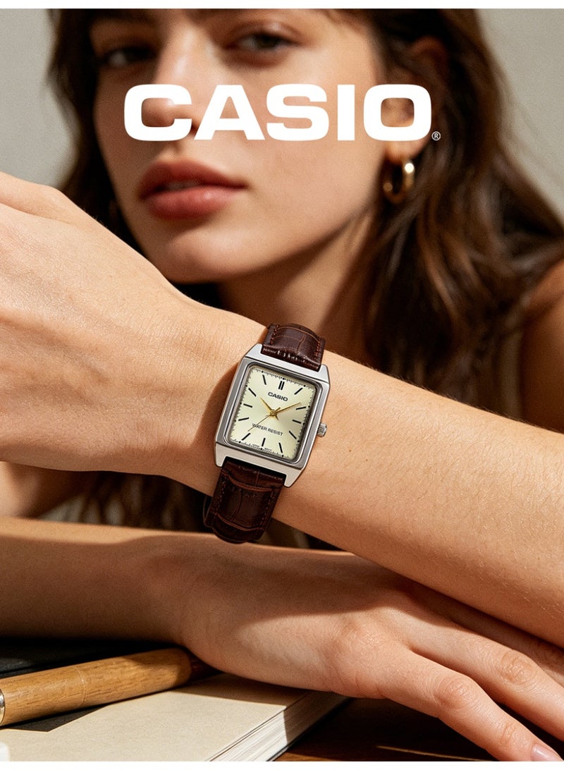 CASIO Women's Vintage Square Analog Watch, Chrome Plated Case, Cream Beige Dial, Dark Brown Croc Leather Strap, 3ATM Water Resistant LTP-V007L-9E - Image 5