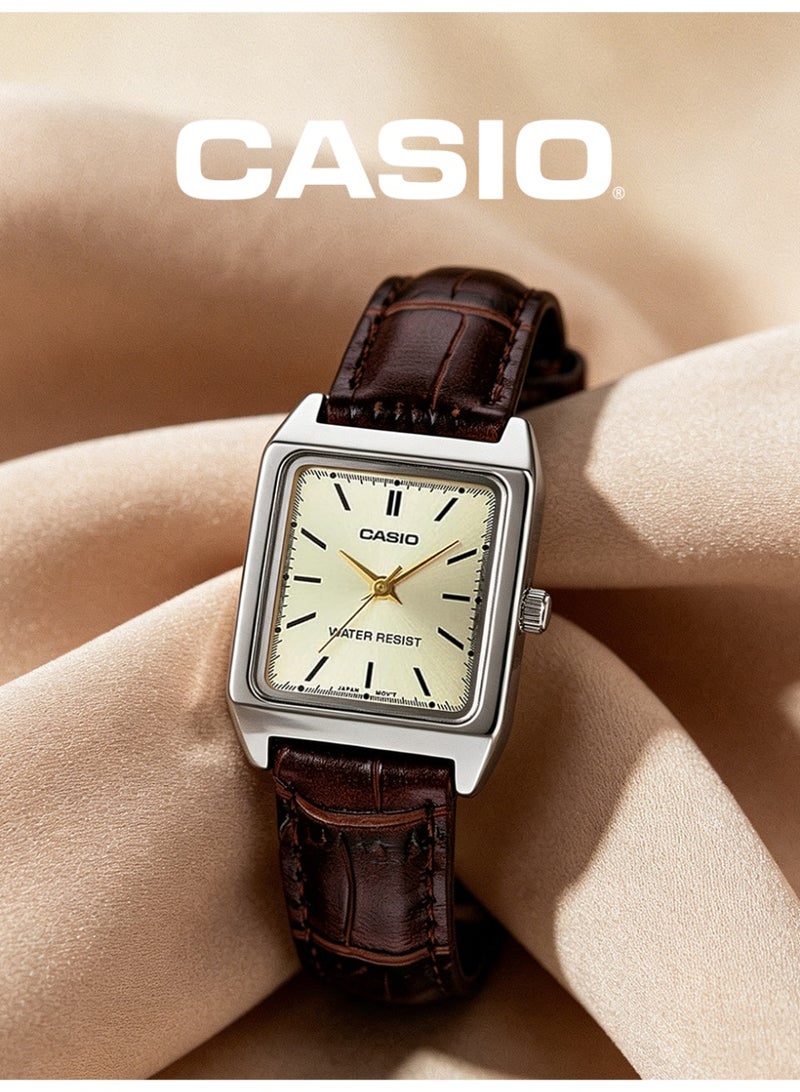 CASIO Women's Vintage Square Analog Watch, Chrome Plated Case, Cream Beige Dial, Dark Brown Croc Leather Strap, 3ATM Water Resistant LTP-V007L-9E - Image 2