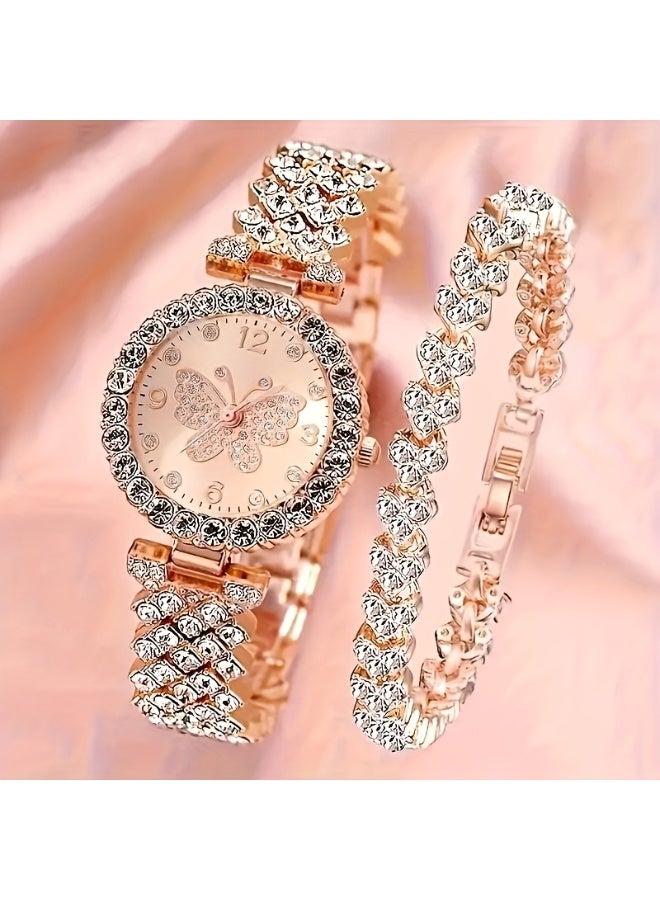 Fashion Accessories طقم من قطعتين من ساعات الكوارتز الأنيقة على شكل فراشة مع مجوهرات - حركة كوارتز دقيقة، متينة، عصرية | هدية مثالية للنساء، وخاصة في عيد الأم، وعيد الحب، والمناسبات الخاصة الأخرى - Image 1