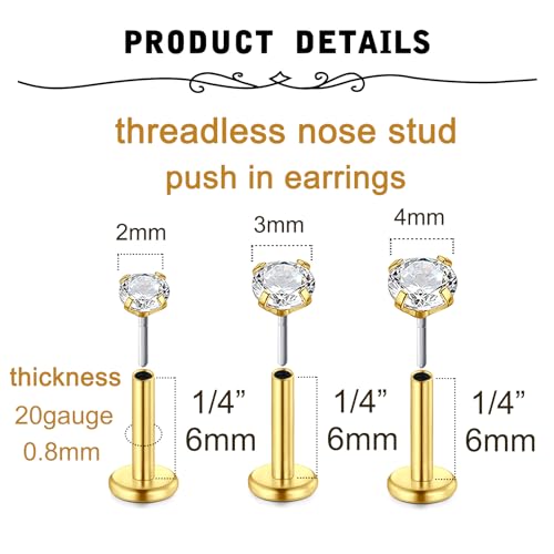 MODRSA Gold Nose Stud Threadless Nose Ring Stud Push in Threadless Forward Helix Conch Tragus Cartilage Earrings Studs Lip Labret Piercing Jewelry Gold 20g - Image 2