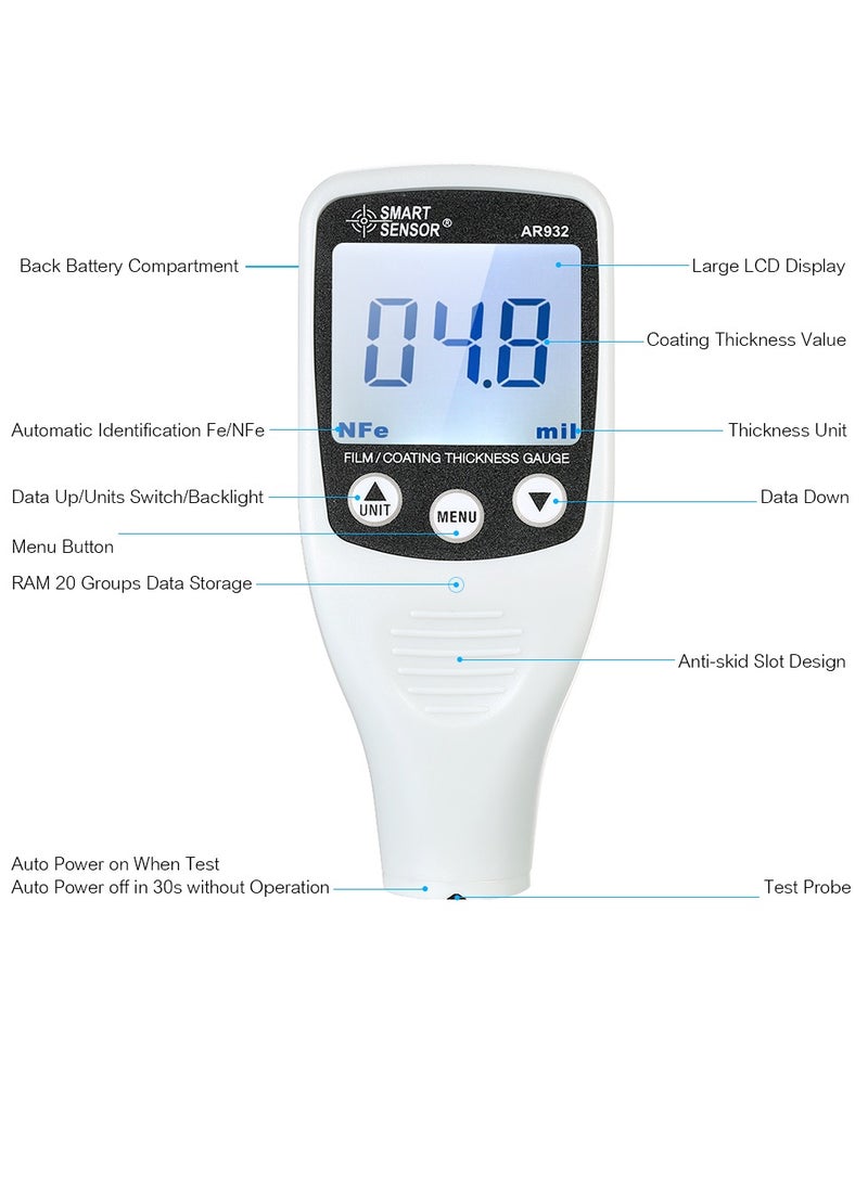 SMART SENSOR Digital Paint Coating Thickness Gauge Handheld Coatings Thickness Tester with Auto Function Fe/NF Probe Car Detector Automotive Coating Refinishing Cars Paint Tester Meter (0～1700um) - Image 4