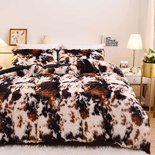 Aimuan Cow Print Duvet Cover Shaggy Fluffy Tie Dye Brown Black Velvet Bedding Set Super Soft Faux Fur Fuzzy Comforter Cover with Pillowcases (Coffee-Black, Queen) - Image 1