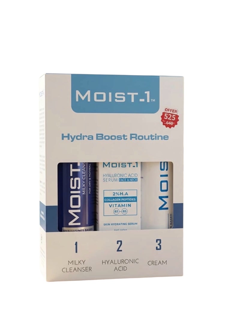 MOIST-1 MOIST.1 Hydra Boost Routine – Milky Cleanser – Hyaluronic Acid Serum Face & Neck 2% H.A Collagen Peptides Vitamin B3 B5 – Cream – Offer - Image 1
