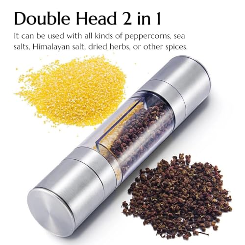 KINTEGOOD 2-in-1 Stainless Steel Salt and Pepper Grinder Set, Double Head Manual Mill, Refillable - Image 2