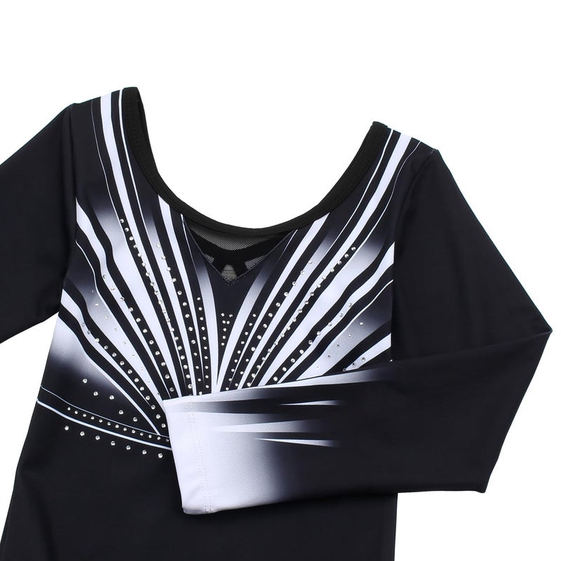 JOYSTREAM Gymnastics Leotards for Girls With Shorts Sparkly Ballet Dance Long Printed Sleeve Outfit 10-11Years,Black-white Diamond - Image 4