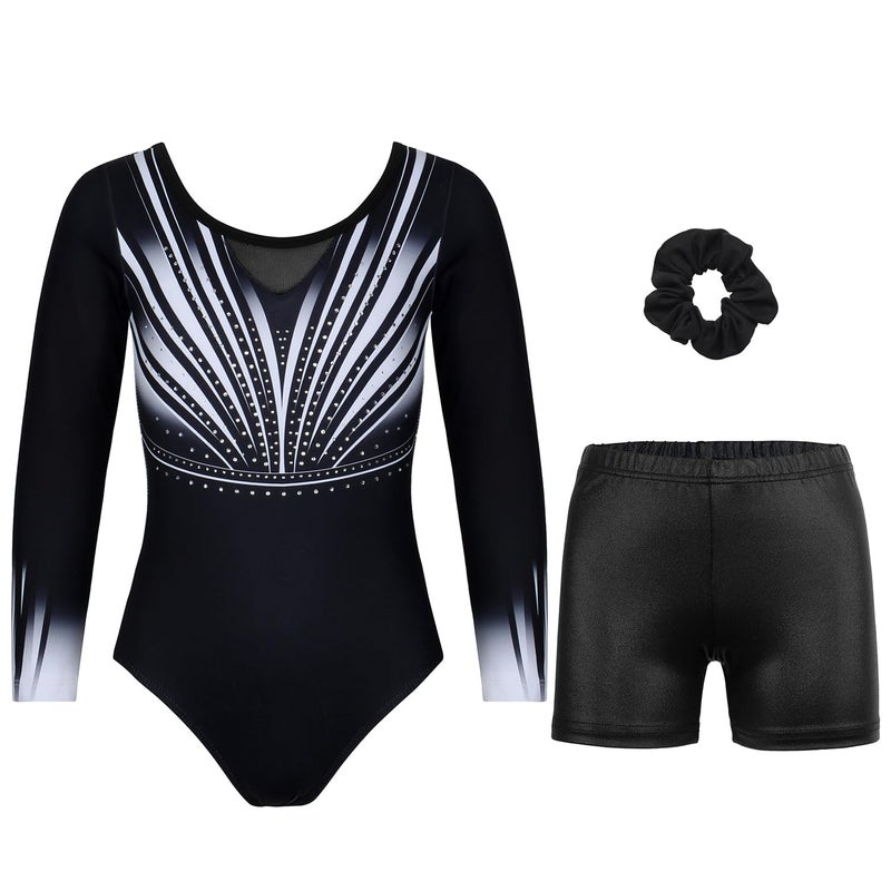 JOYSTREAM Gymnastics Leotards for Girls With Shorts Sparkly Ballet Dance Long Printed Sleeve Outfit 10-11Years,Black-white Diamond - Image 1