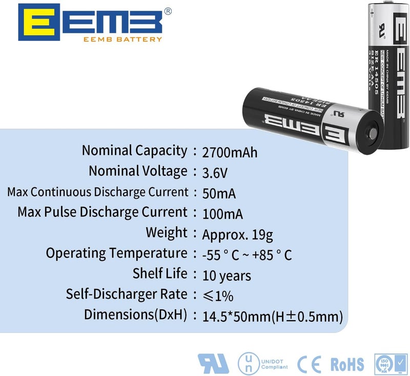 EEMB بطارية ليثيوم ER14505 AA 3.6V 2700mAh Li-SOCL₂ غير قابلة للشحن SB-AA11 LS14500 TL-5903 SL-360 ER14500 لعدادات المياه والكهرباء والغاز ومعدات PLC وأجهزة المرافق، بطارية عامة احتياطية (4) - Image 2