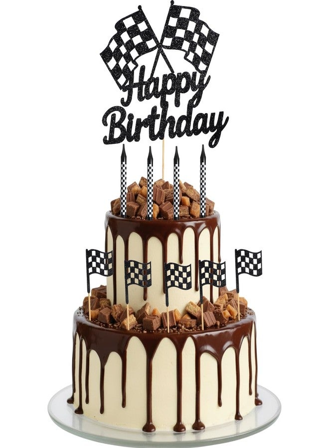 ForraFun 25 Pcs Race Car Cake Topper Black Glitter Checkered Flag Racing Car Cake Decorations for Birthday Racing Themed Candles Party Birthday Decoration Baby Shower - Image 1