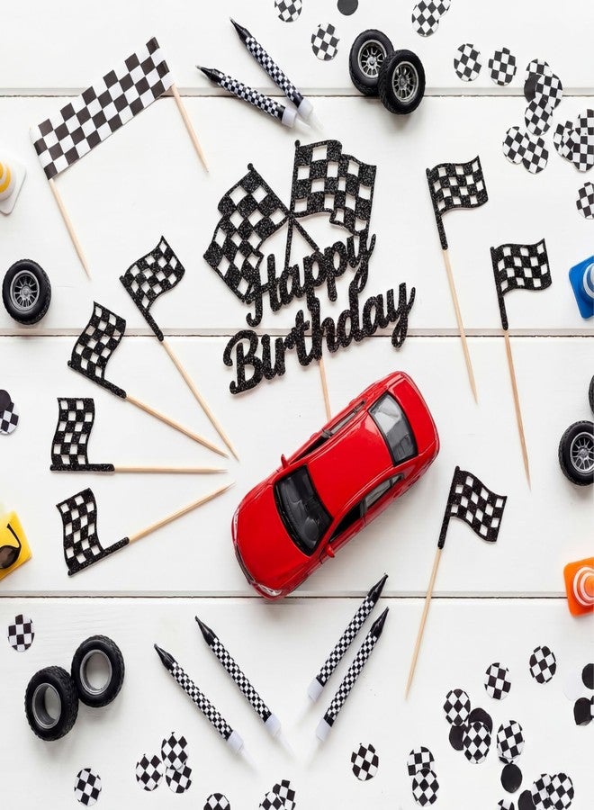 ForraFun 25 Pcs Race Car Cake Topper Black Glitter Checkered Flag Racing Car Cake Decorations for Birthday Racing Themed Candles Party Birthday Decoration Baby Shower - Image 4