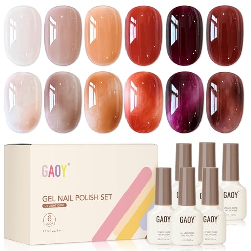 GAOY Jelly Brown Gel Nail Polish of 6 Transparent Nude White Dark Red Colors Sheer Gel Polish Kit for Salon Manicure and Blooming Nail Art DIY at Home - Image 1