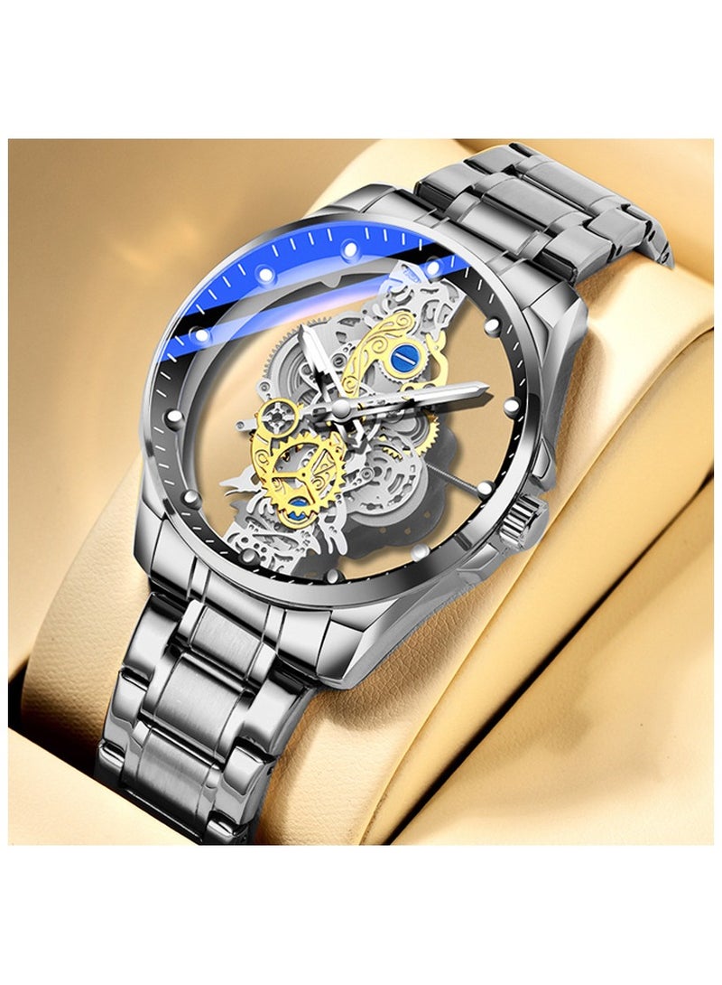 SKT Shiketro Men's New Double-Sided Transparent Skeleton Waterproof Luminous Quartz Watch - Image 2