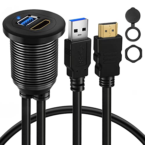 BATIGE USB 3.0 HDMI Car Mount Flush USB Port Cable, Alloy Shell HDMI USB3.0 Dash Panel Extension Cable with LED Indicator for Car Boat Motorcycle -3ft - Image 1