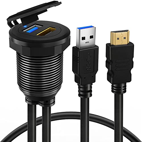 BATIGE USB 3.0 HDMI Car Mount Flush USB Port Cable, Alloy Shell HDMI USB3.0 Dash Panel Extension Cable with LED Indicator for Car Boat Motorcycle -3ft - Image 2