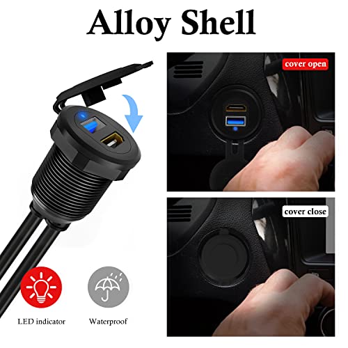 BATIGE USB 3.0 HDMI Car Mount Flush USB Port Cable, Alloy Shell HDMI USB3.0 Dash Panel Extension Cable with LED Indicator for Car Boat Motorcycle -3ft - Image 4