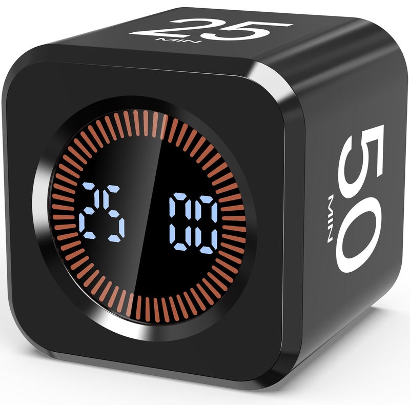 COWVTUJ Digital Pomodoro Timer Cube 5/10/25/50min, Visual Productivity Flip Timer for Kids Classroom Desk, Custom Countdown, Silent and Sound Mode for ADHD Study Work Game Kitchen (Black) - Image 1