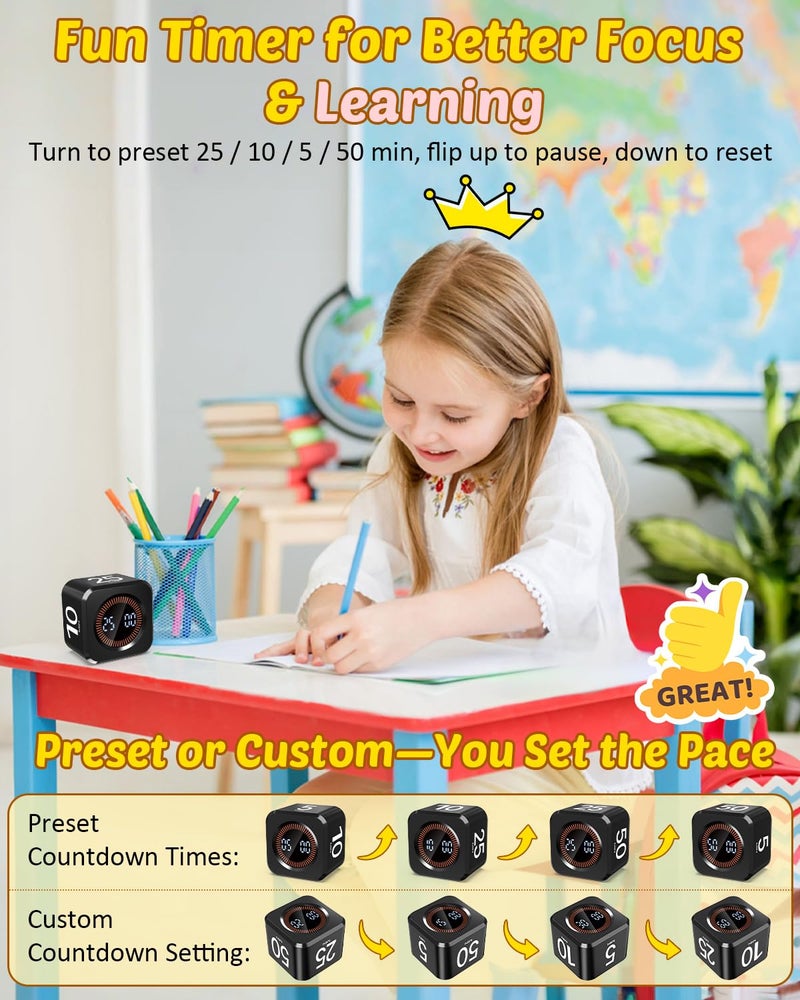 COWVTUJ Digital Pomodoro Timer Cube 5/10/25/50min, Visual Productivity Flip Timer for Kids Classroom Desk, Custom Countdown, Silent and Sound Mode for ADHD Study Work Game Kitchen (Black) - Image 2