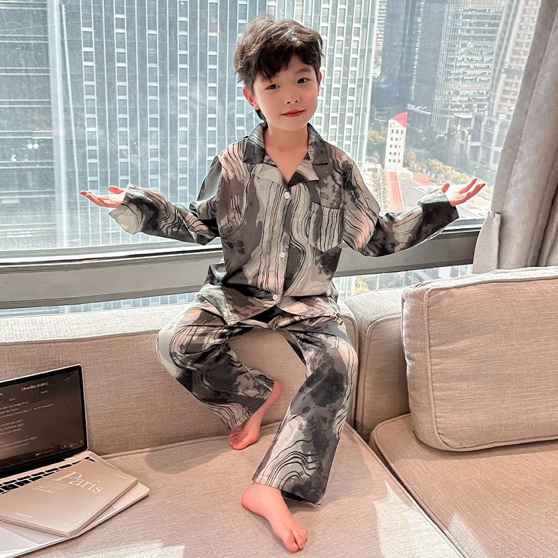 Boys Pajamas suit Spring and Summer 2025 New Ice Silk Long Sleeve Home Clothes for Large Children and Boys Thin Air-conditioning Clothes 417 ink gray wave 