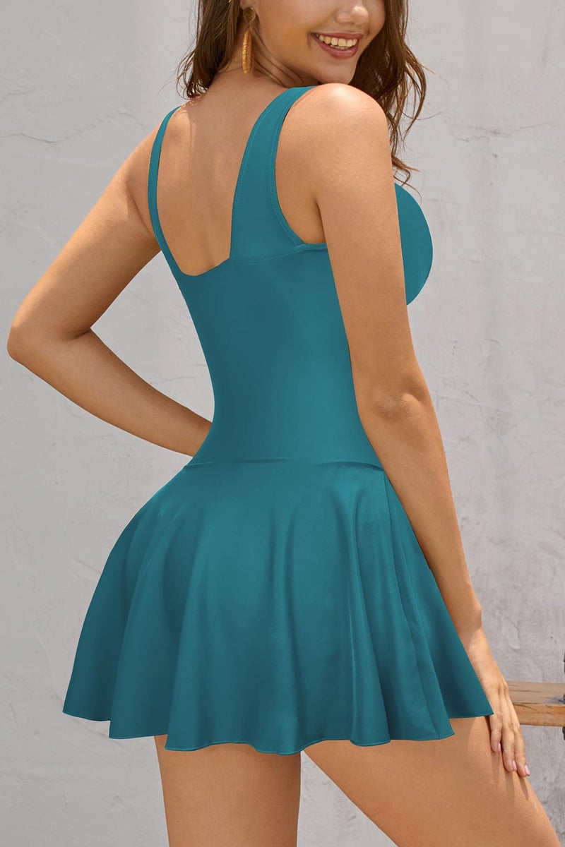 SHEKINI Women's V Neck One Piece Skirt Swimsuit Ruched Retro Swimdress Bathing Suit (XX-Large, Deep Green) - Image 4