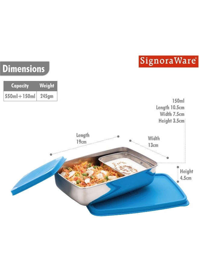 Signoraware Compact Small Steel Lunch Box, Set of 2, 150ml+550ml, Blue - Image 2