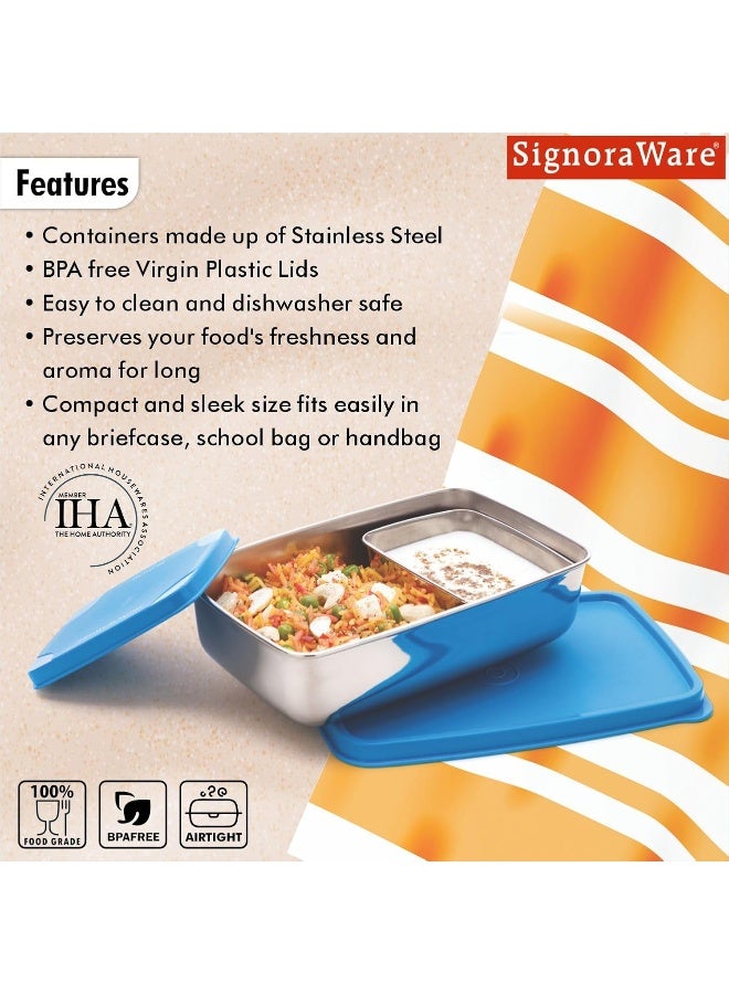 Signoraware Compact Small Steel Lunch Box, Set of 2, 150ml+550ml, Blue - Image 4