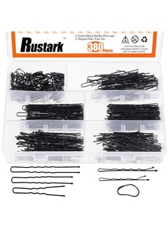 Rustark 380Pcs 2 Styles Black Hair Pins Kit with Storage Box Includes Bobby Pins Buns U Shaped Hair Pins and Rubber Hair Bands for Women Girls Kids for All Hair Types 