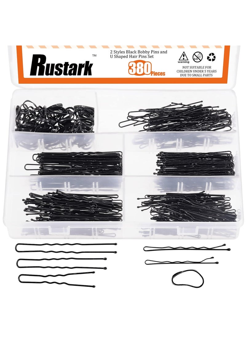 Rustark 380Pcs 2 Styles Black Hair Pins Kit with Storage Box Includes Bobby Pins Buns U Shaped Hair Pins and Rubber Hair Bands for Women Girls Kids for All Hair Types 