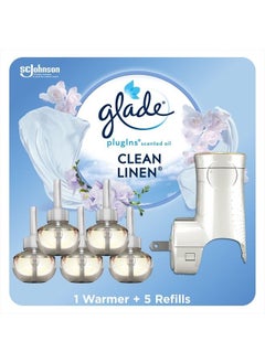 Glade PlugIns Refills Air Freshener Starter Kit, Scented and Essential Oils for Home and Bathroom, Clean Linen, 3.35 Fl Oz, 1 Warmer + 5 Refills  - Image 1
