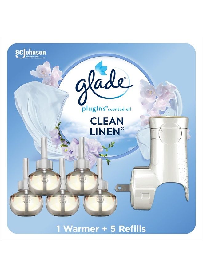 Glade مجموعة أدوات بدء معطر الهواء PlugIns Refills، زيوت عطرية وأساسية للمنزل والحمام، بياضات نظيفة، 3.35 أونصة سائلة، 1 سخان + 5 عبوات إعادة تعبئة - Image 1